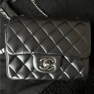 Chanel Classic Mini Square Flap Bag Black Lambskin Leather Silver Hardware
